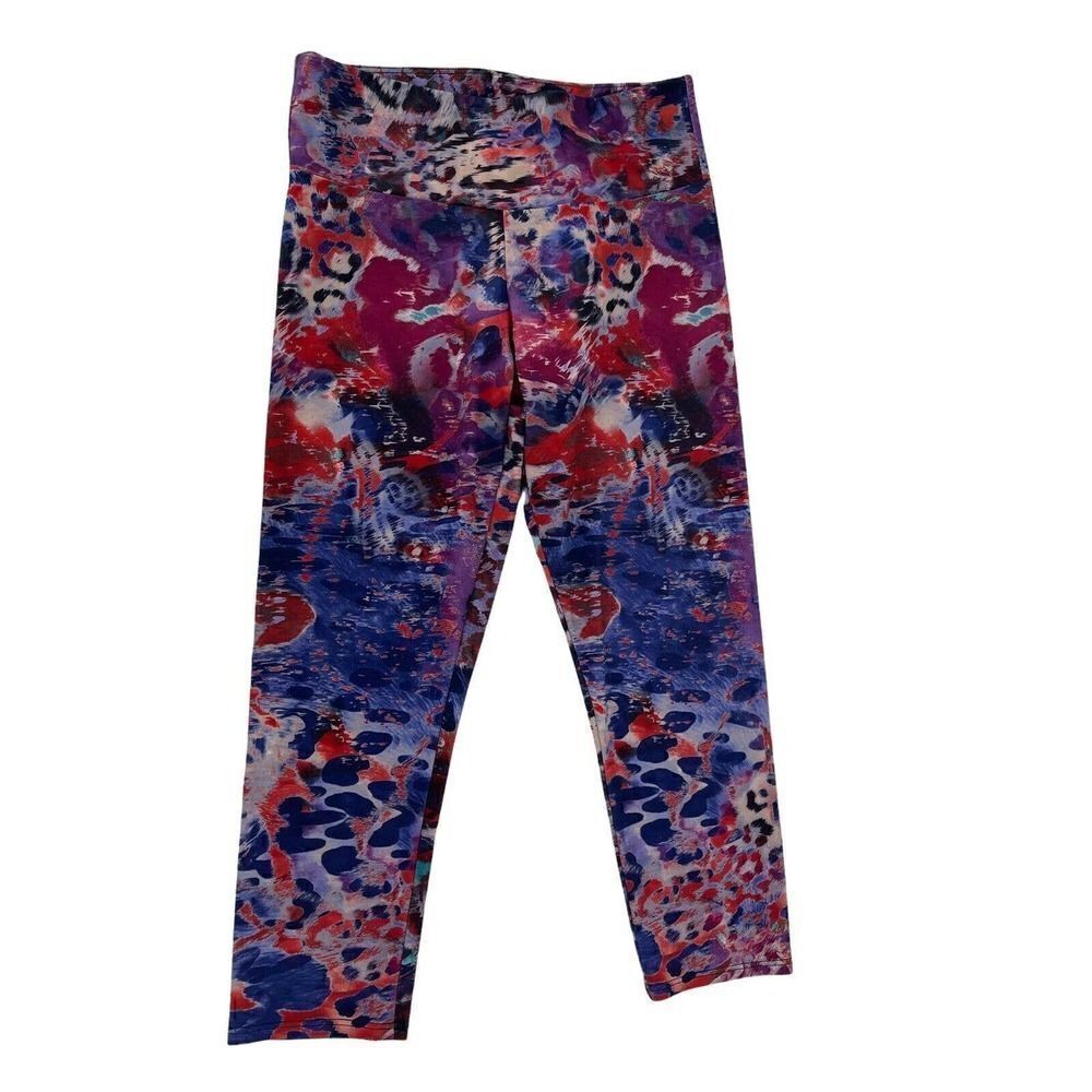Onzie Leggings Cropped Purple Animal Print Feather Womens Size XS Mid Rise Pant